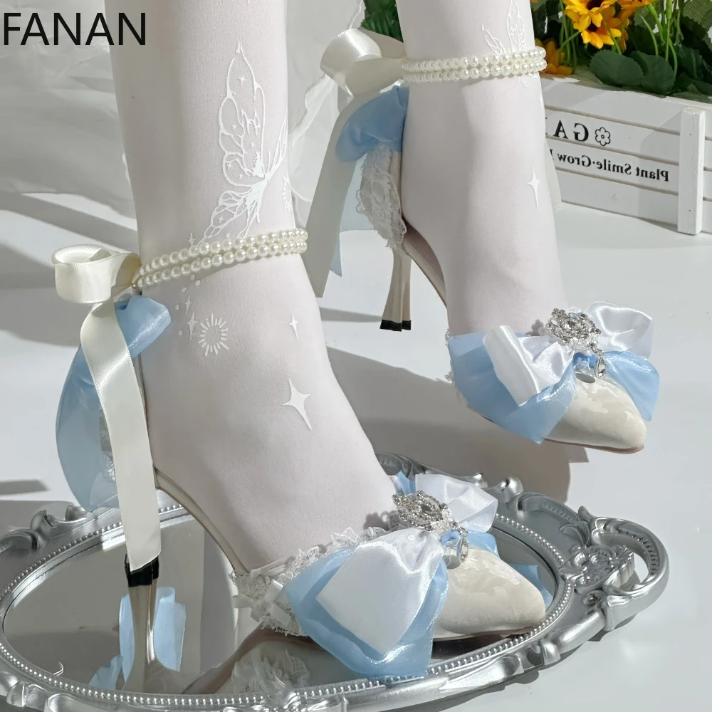 

2025 Lolita Shoes High Heels Elegant Pointed Wedding Party Stiletto Sandals Chain Pearl Pumps Princess Comfort Dress Shoes