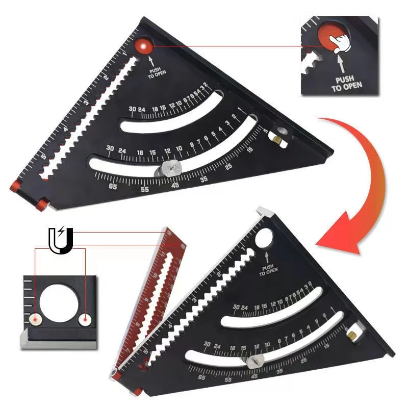 Metric Aluminum Alloy Triangle Angle Ruler Protractor Woodworking Measurement Tool 30cm 2 In 1 Multi-function Folding Tri-angle