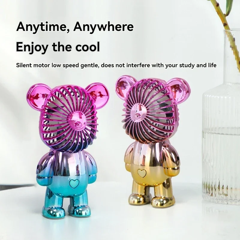 2024 New Little Bear Desktop Mini Electric Fan Cute Cartoon Style Multi Level Adjustable Rechargeable Portable Air Conditioner