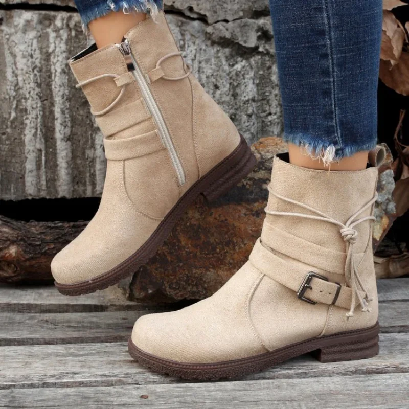 Botines Women Ankle Boot Autumn New Retro Suede High Heel Boot Chunky Plus Size Casual Women Shoe Buckle Zipper Short Boot