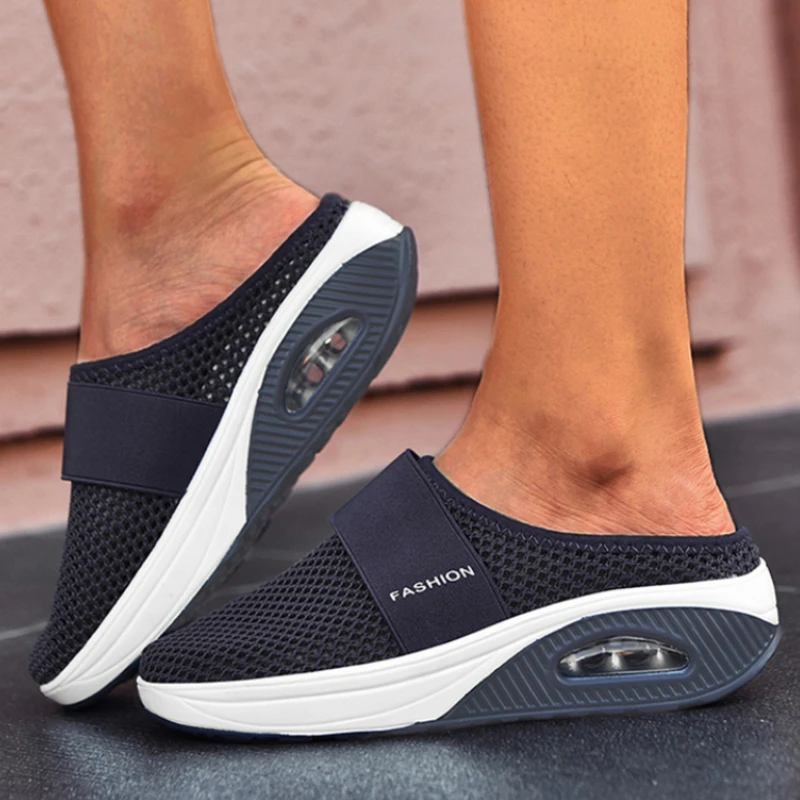 Women's Mesh Flat Shoes Summer New Air Cushion Causal Ladies Half Slippers Slip on Breathable Wedge Shoes for Women Sandals