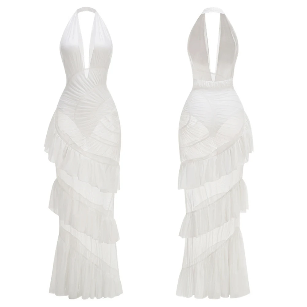 Sexy profundo decote em v halter sem costas smocked em camadas tule vestido de malha pura elegante baile de formatura festa à noite maxi vestidos roupas de férias