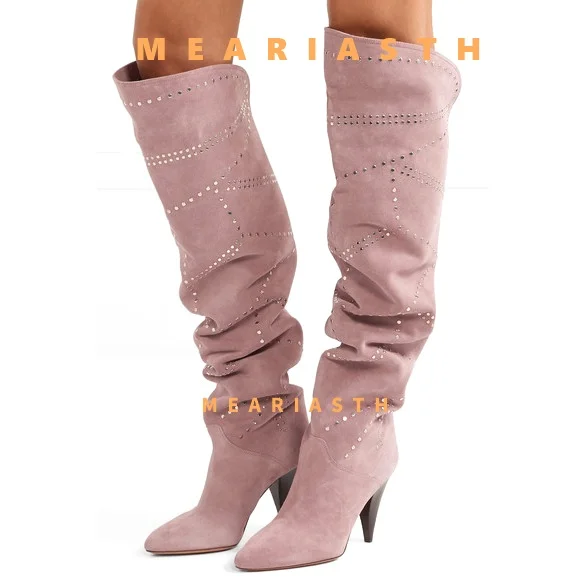 

New Black-white Rivet Knee High Boots Autumn Winter Women Pointed toe High Heels Skinny Western Fashion Knight long Boots 43