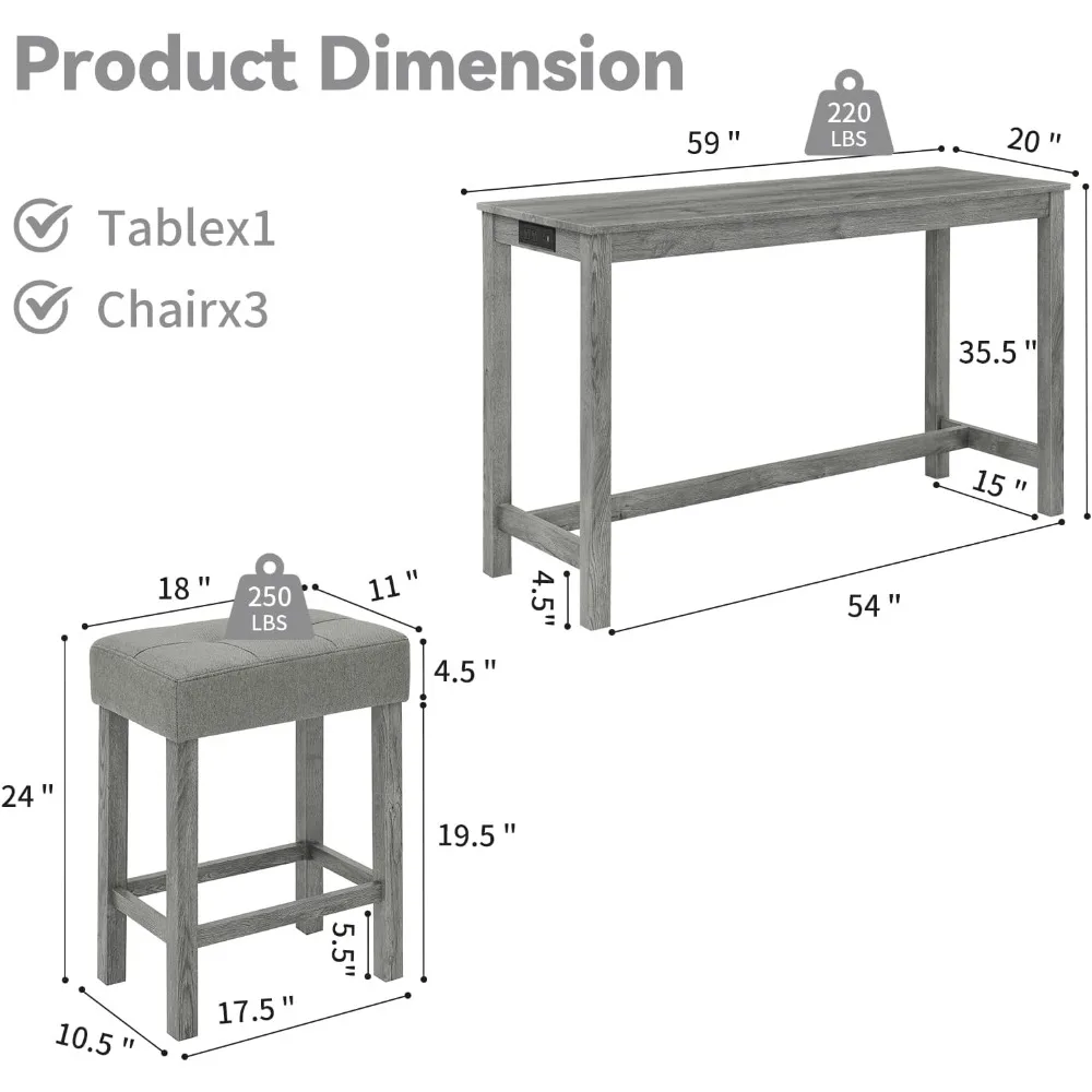 59" Industrial 4 Piece Bar Table Set with Built-in Power Outlet, Behind Couch Sofa Table with 3 Linen Upholstered Stools, Bar Ta