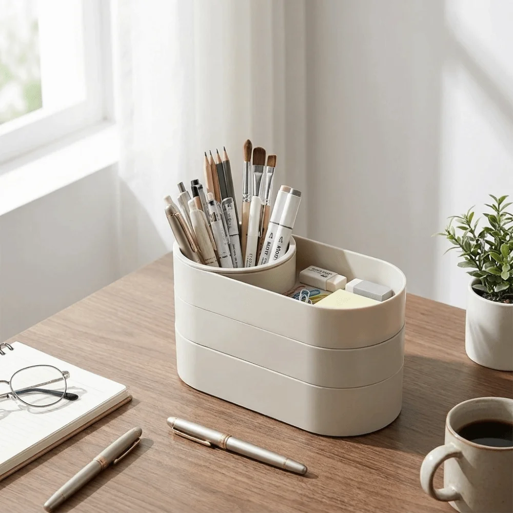 360° Rotating Multi-Layer Storage Box Minimalist Plastic Makeup Brush Storage Bucket Large Capacity Desk Organizer