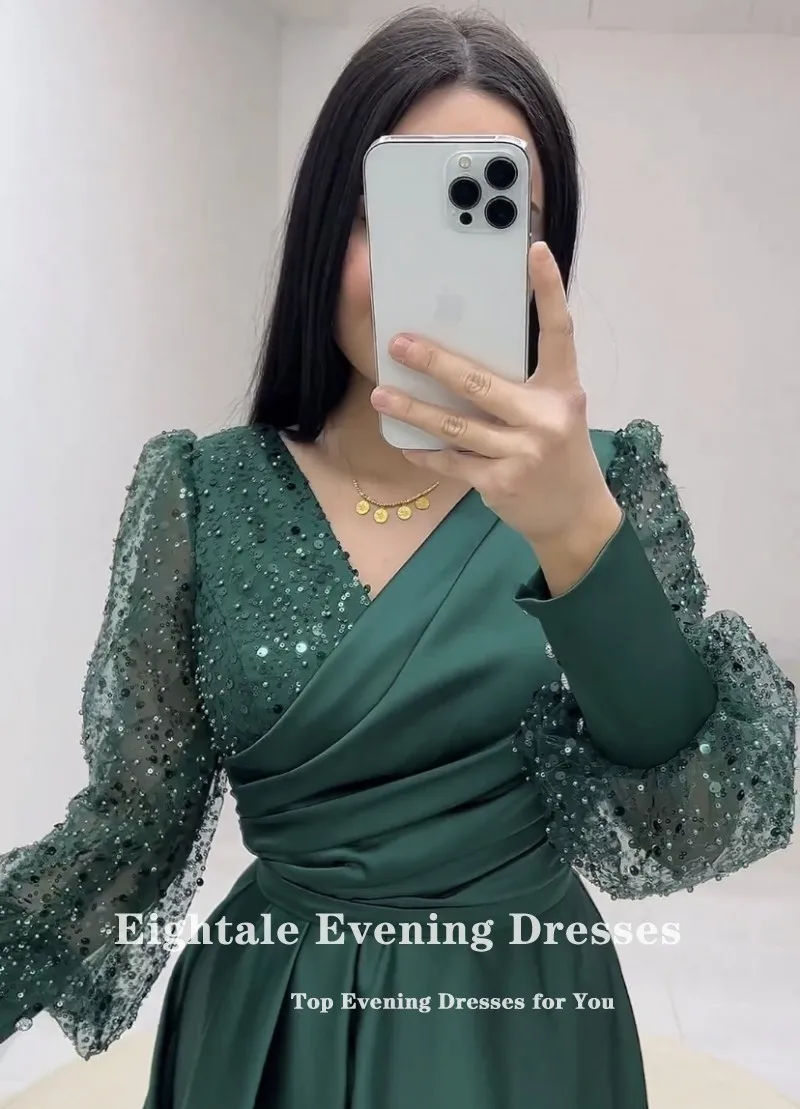 Abiti da ballo verde smeraldo ottoman con scollo a v Glitter maniche lunghe a-line abito da sera corto Vestidos Para laurea