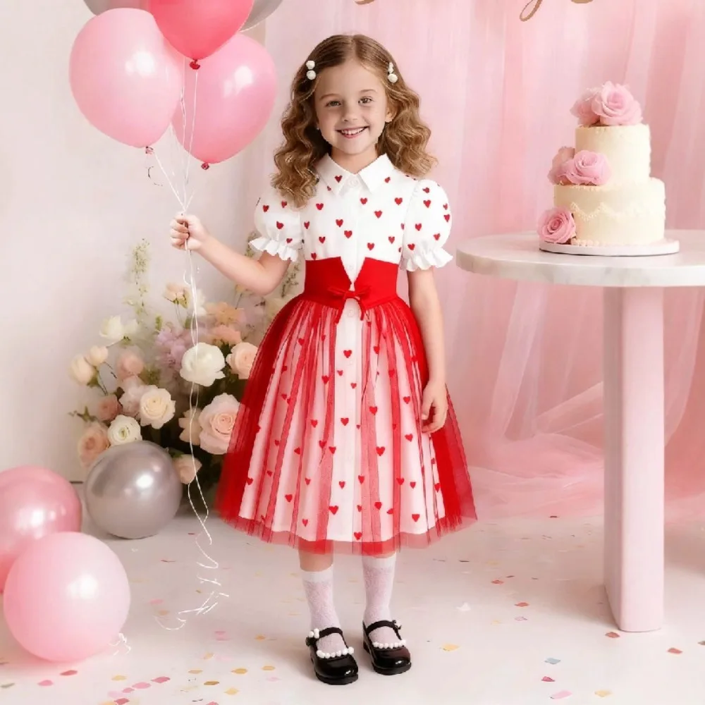 

New Arrival Girls Heart Print Princess Dress Tulle Ruffle Sleeve Puffy Dress Sweet Stylish Kids Party Outfits for 2-8Y