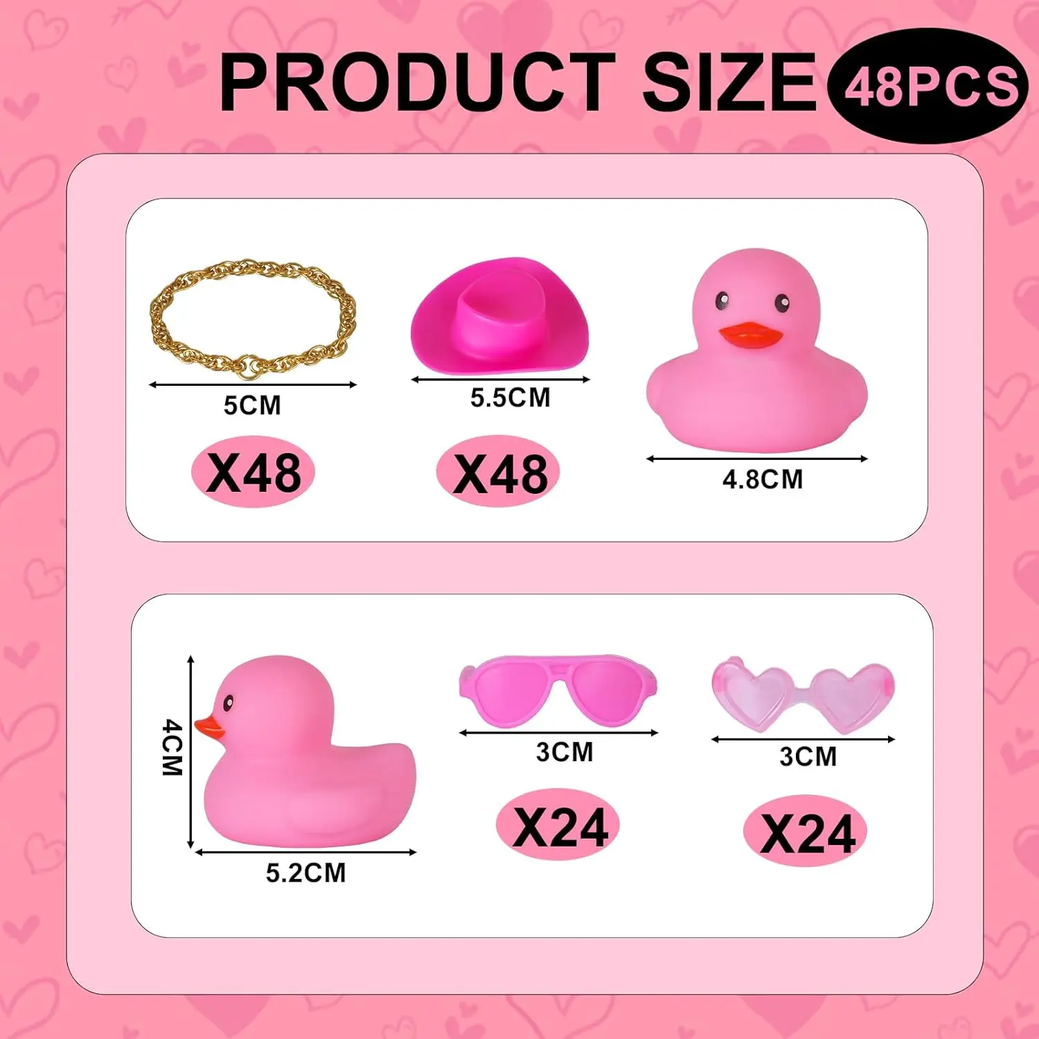 Mini patos de goma rosa con sombrero de vaca para niño, 2 estilos de gafas, collar, coche, favores de fiesta, decoración de Dashbaord, 48 piezas