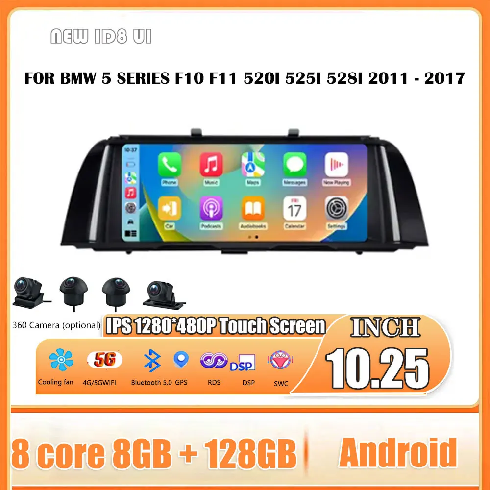 Android 14 10.25 palec pro BMW 5 řada F10 F11 520i 525i 528i 2011 - 2017 auto rádio GPS navigace auto audio chytrý systém