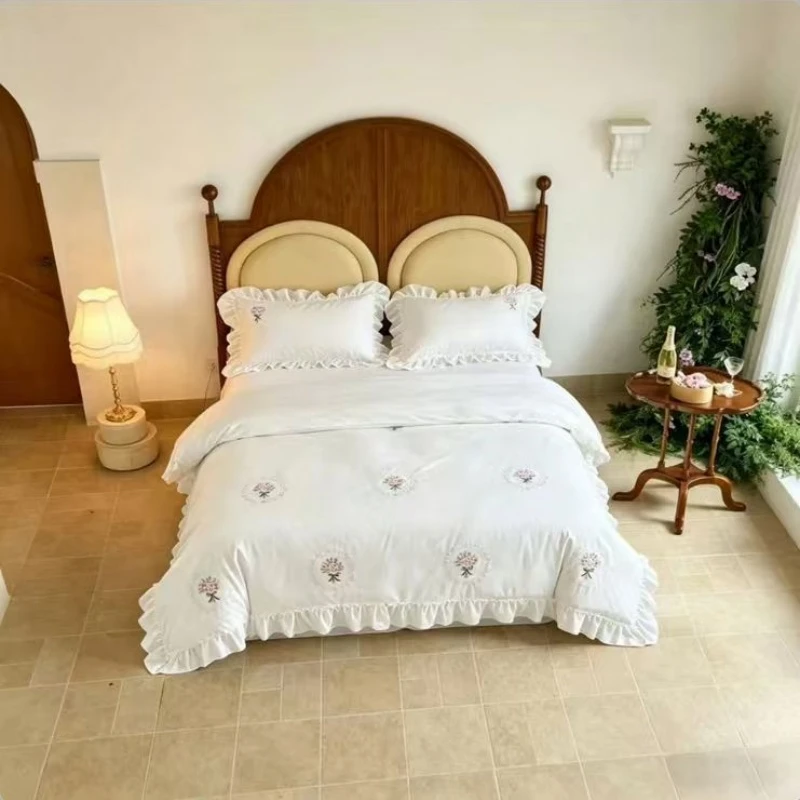 3Pcs Ultra soft and breathable white bedding set embroidery ruffles duvet cover, 2pillowcases Single Double Queen King