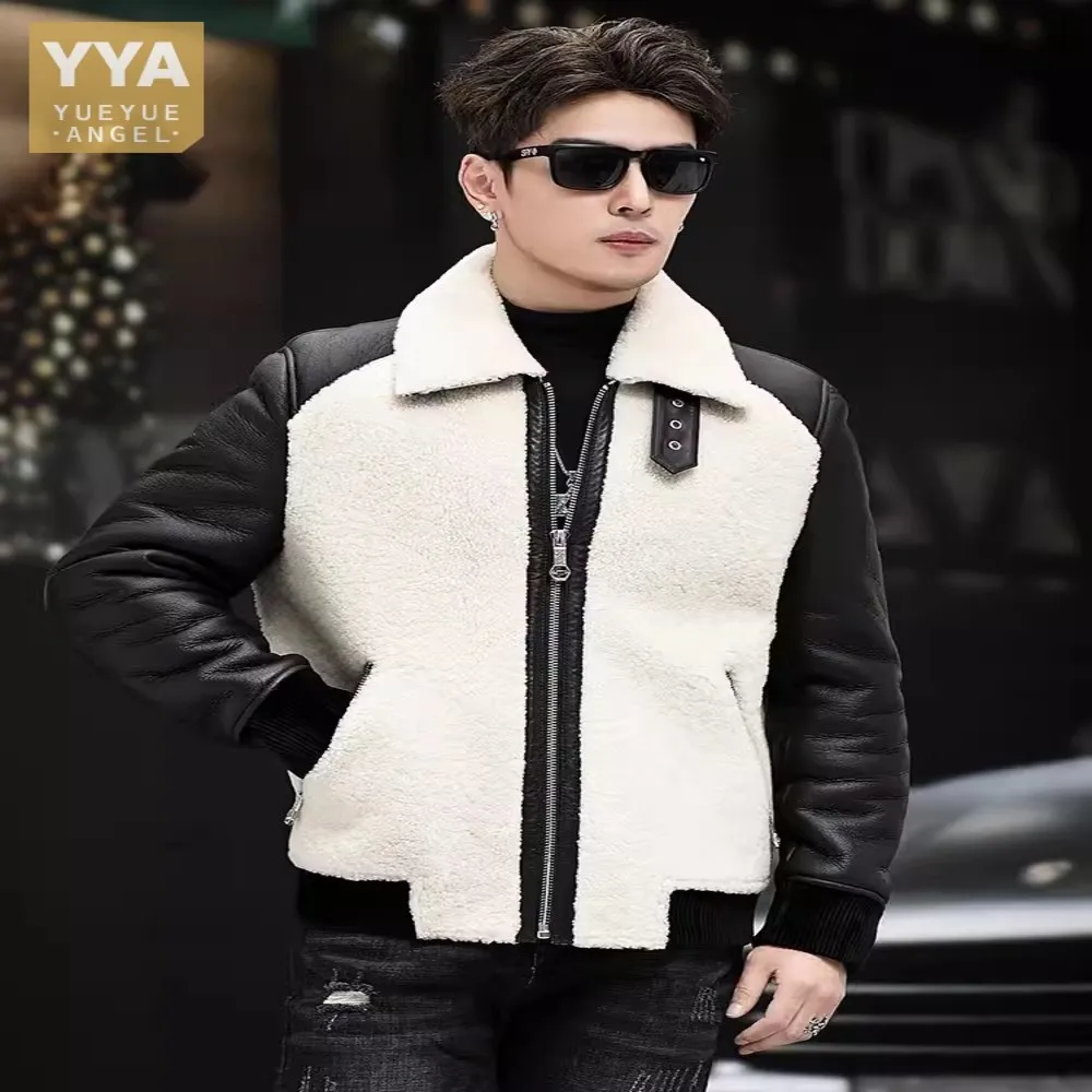 

Quality Top Men Winter Genuine Leather Real Bomber Jacket Business Casual Slim Fit Spliced Sheep Fur Coat Shearling Overcoat