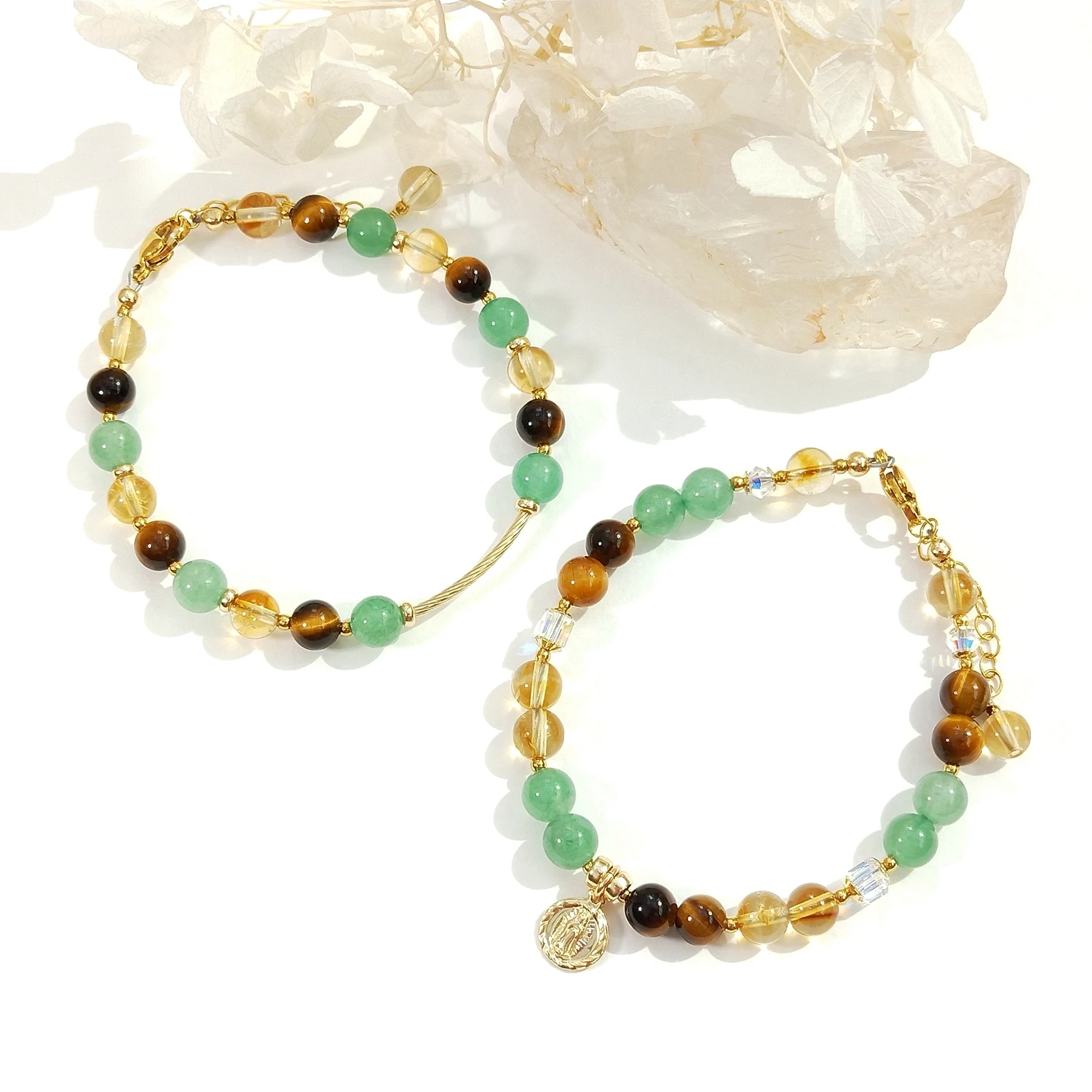 Lii Ji Green Aventurine Citrine Tiger Eye's 6mm American 14K Gold Filled Charm Bracelet Handmade Fashion Jewelry