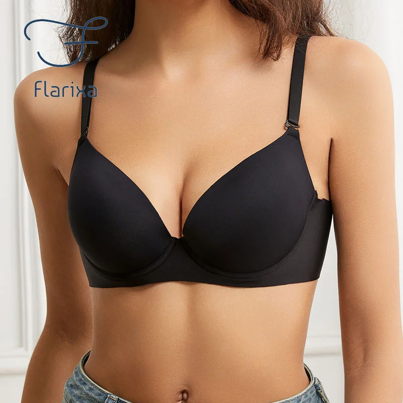 

Flarixa Sexy Bras for Women Push Up Bra With Padding Underwire Bralette Solid Color Adjustable Bra Low Cut Backless Underwear