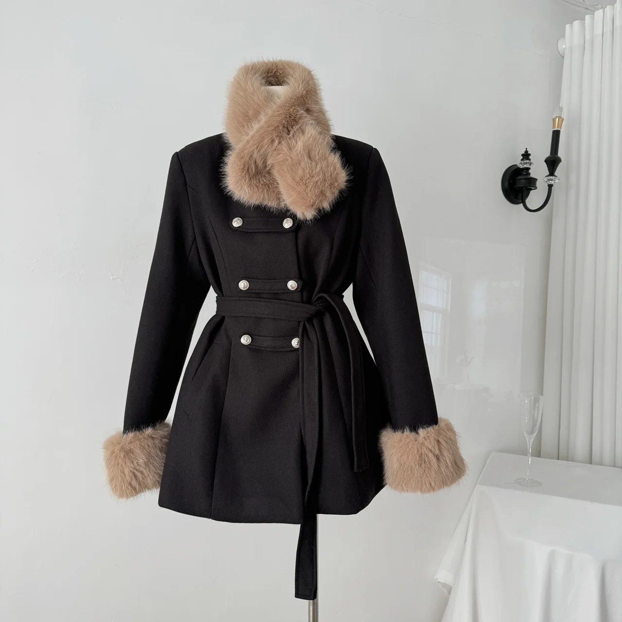 Autumn Winter French Vintage Elegant Wool Dress Woman Faux Fur Retro Design Trench Overcoat Female Chic Korean Popular Clothes