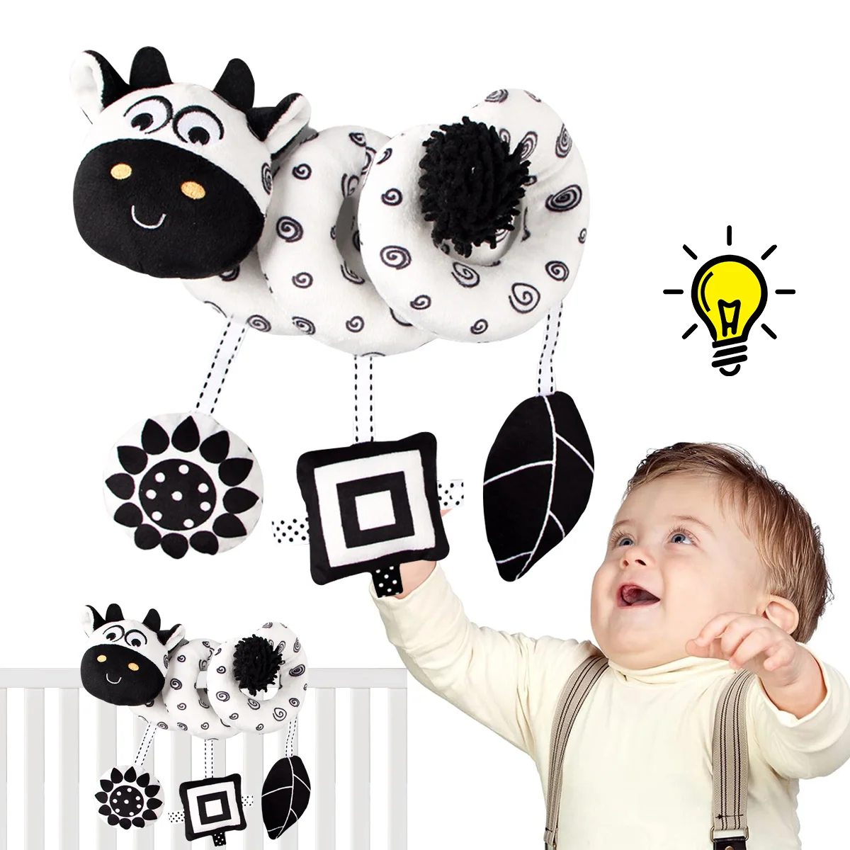 Simpatici giocattoli per bambini con seggiolino auto a spirale per mucca in bianco e nero, attività per carrozzina per passeggino, giocattoli appesi, giocattolo sensoriale ad alto contrasto