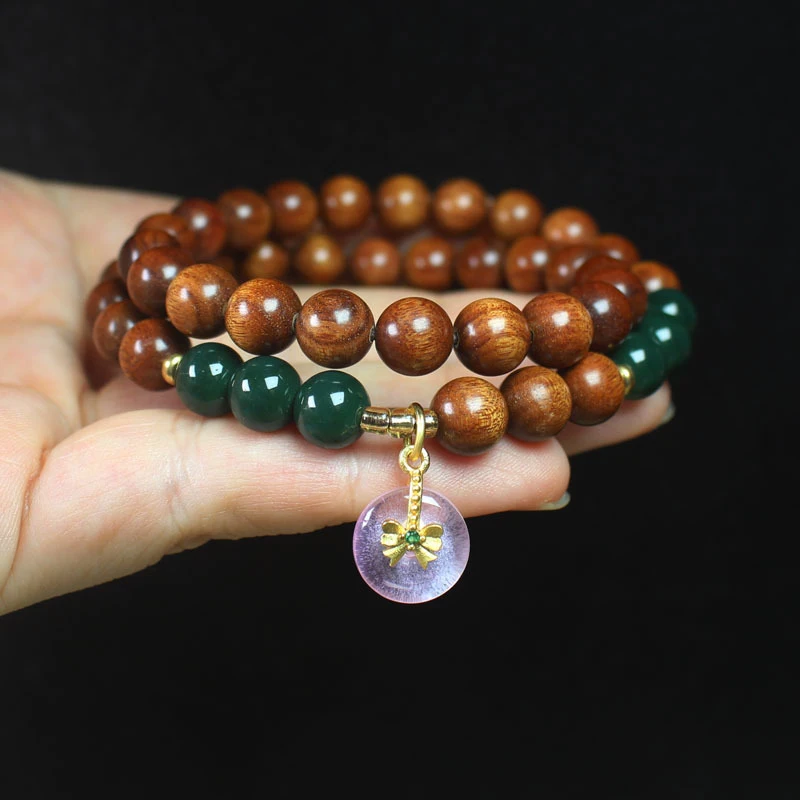 Large-leaf yellow rosewood 0.8 double-loop bracelet with pink peace pendant, women's collectible prayer and Buddhist beads