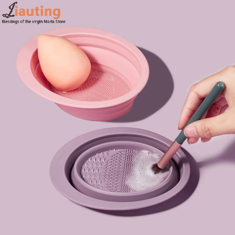 Makeup Brush Cleaning Tool Foldable Silicone Bowl Beauty Egg Cleaner Sponge Puff Washing Portable Scrub Mat Cat Ear Cosmetics