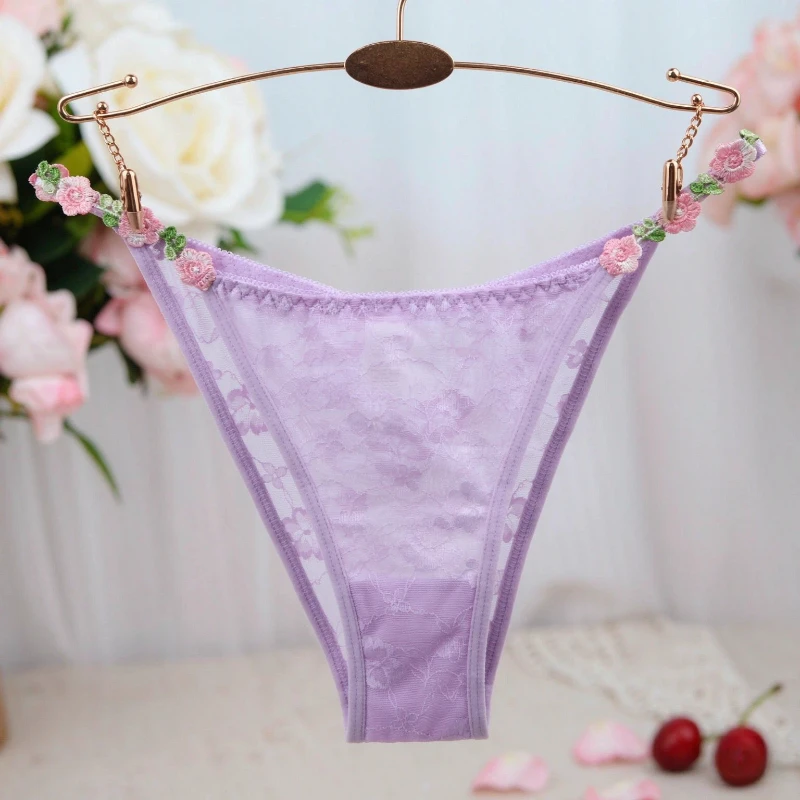 Bestickte Blumenspitze Damenunterwäsche Niedrige Taille Transparente Netz-Slips Romantische Blumendekoration Damen-Slips – Detail 7