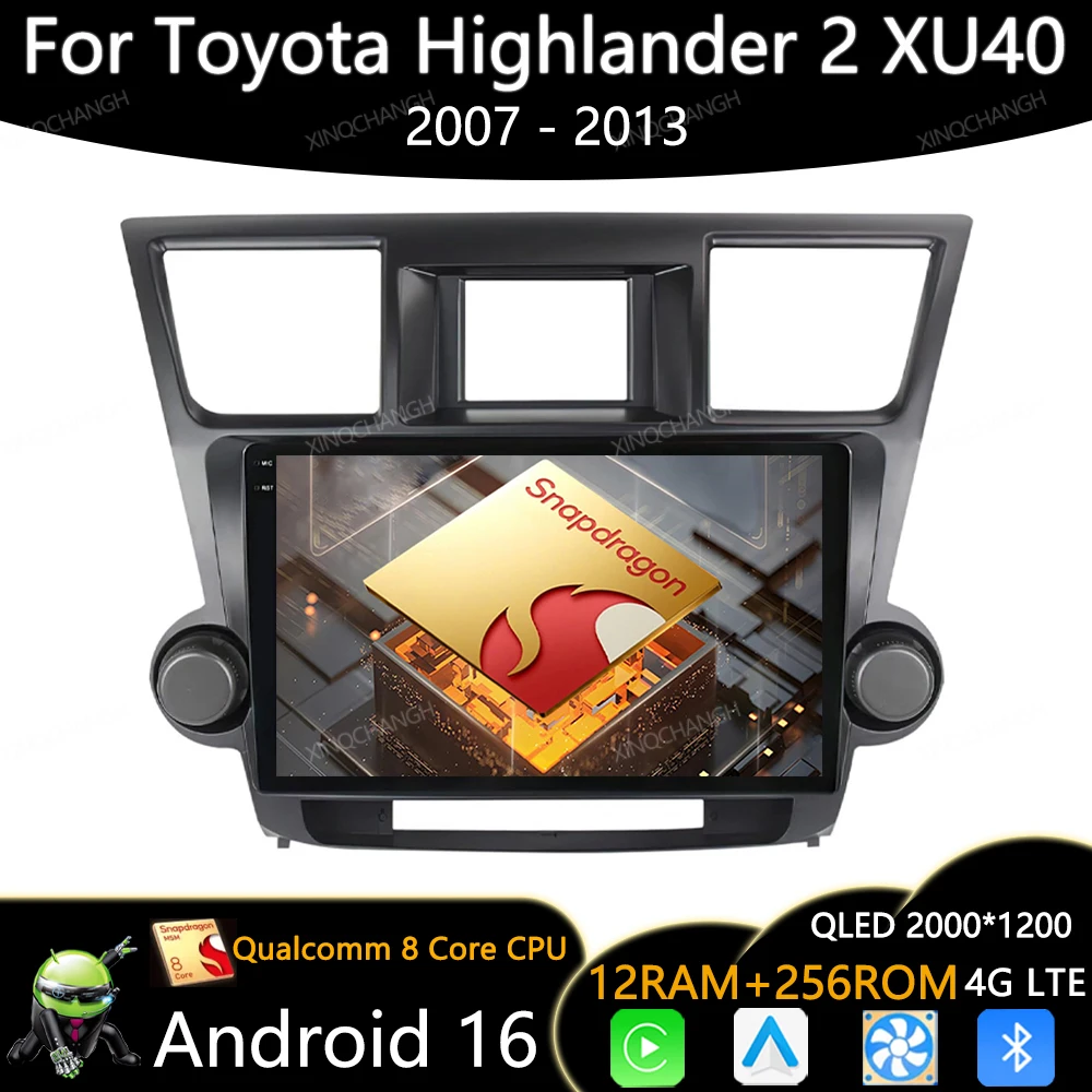 Android 16 Car Radio For Toyota Highlander 2 XU40 2007 - 2013 Head Unit Multimedia Stereo Video Player 4G WIFI Qualcomm 2DIN GPS