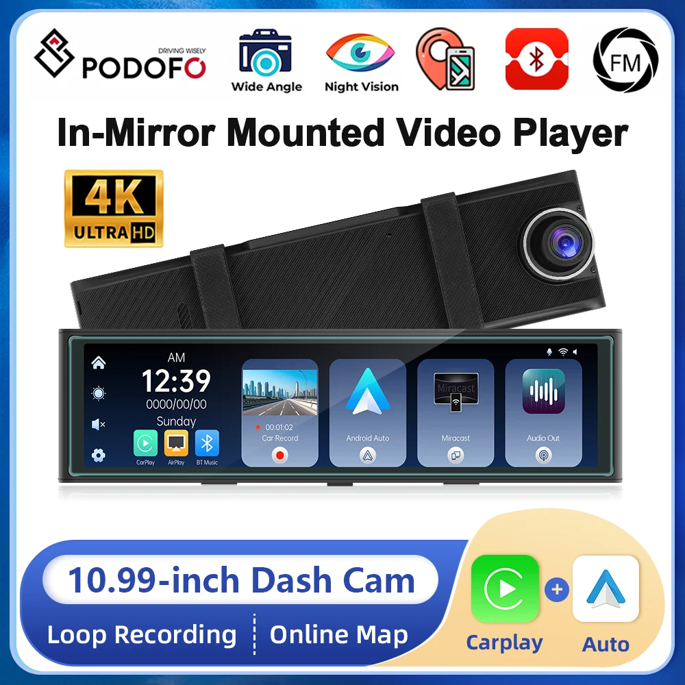 Podofo 10.99 inch 4K Mirror DVR Dash Cam Carplay Android auto Car Video Recorder Bluetooth WIFI Video Black Box Front Camera