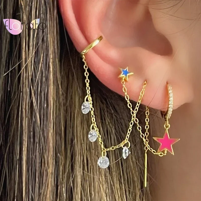 1PC 925 Sterling Silver Needle Double Hole Link Chain Hoop Earrings for Women Colorful Crystal Pendant Huggie Earring Jewelry