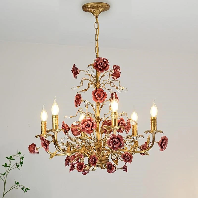 Luxury French Garden Chandelier American Country Villa Living Room Rose Pendant Light Design Retro Candle Bedroom Crystal Lamp