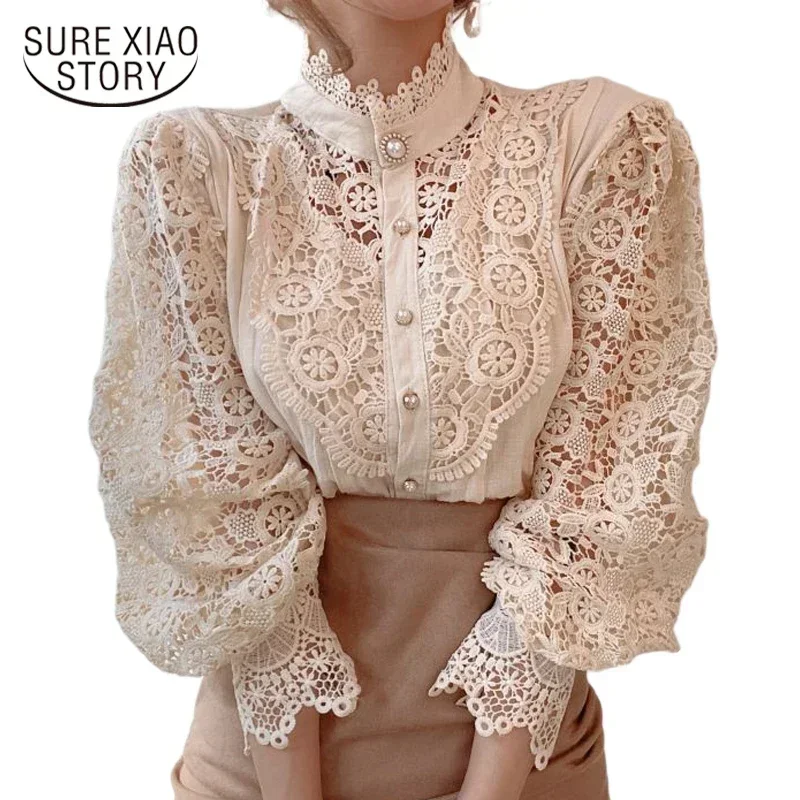 Spring Hollow Out Lace Shirt Women Blusas Mujer De Moda Office Lady Flower Blouse Stand Collar Button Female Clothing 12419