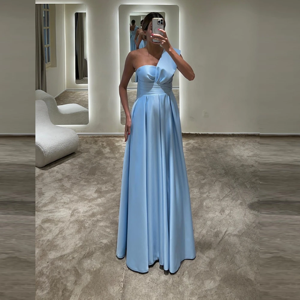 

Carolina One-Shoulder Sky Blue Evening Dresses Women A-Line Satin Sleeveless Pleated Wedding Guest Elegant Formal Party Gowns