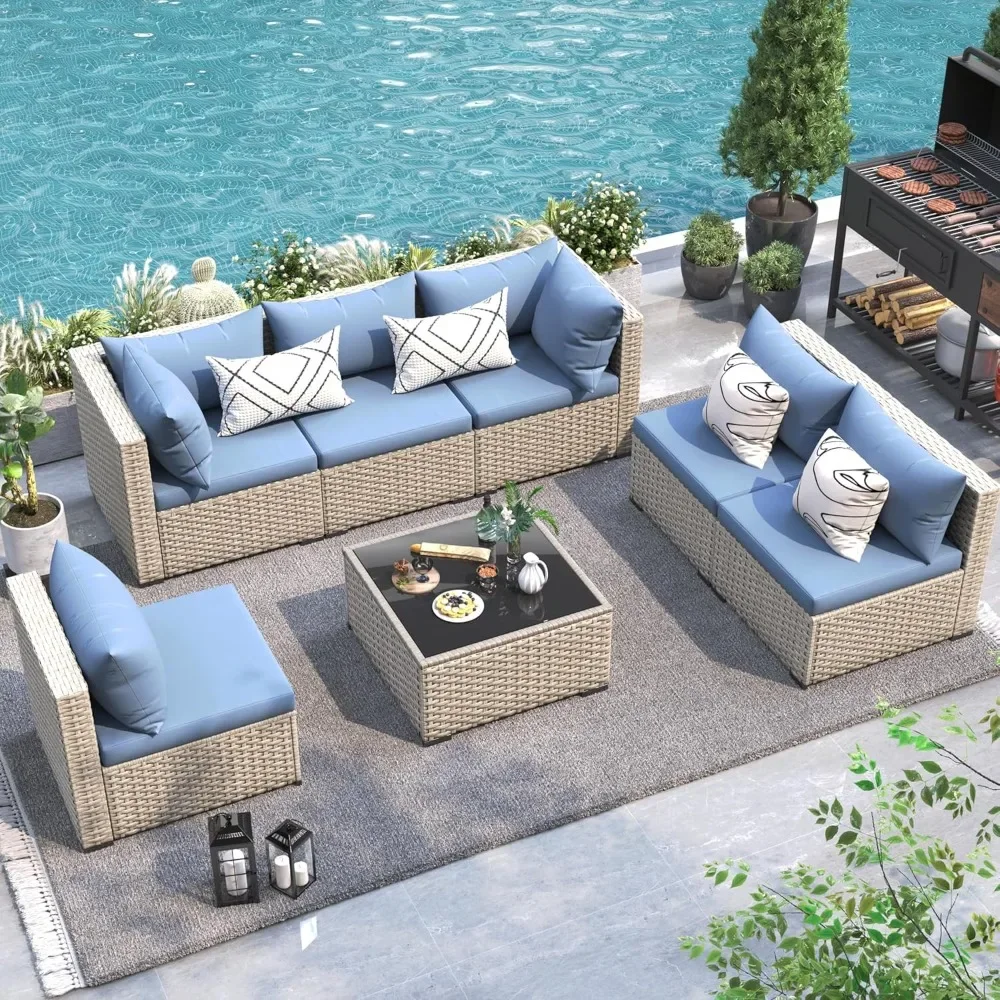 

Furniture Set Outdoor Modular Sectional Sofa Set 7 Piece Wicker Rattan Conversation Patio Couch for Porch Garden Backyard