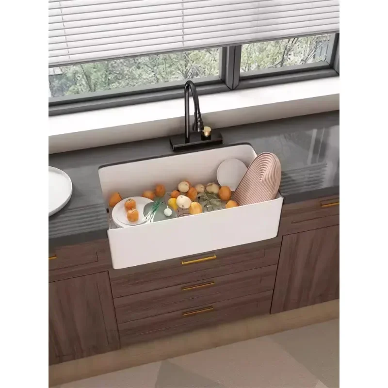 American-Style Deep Ceramic Sink KitchenScullery Household Embedded Dishwashing Double-Slot Vegetable Washing Sink