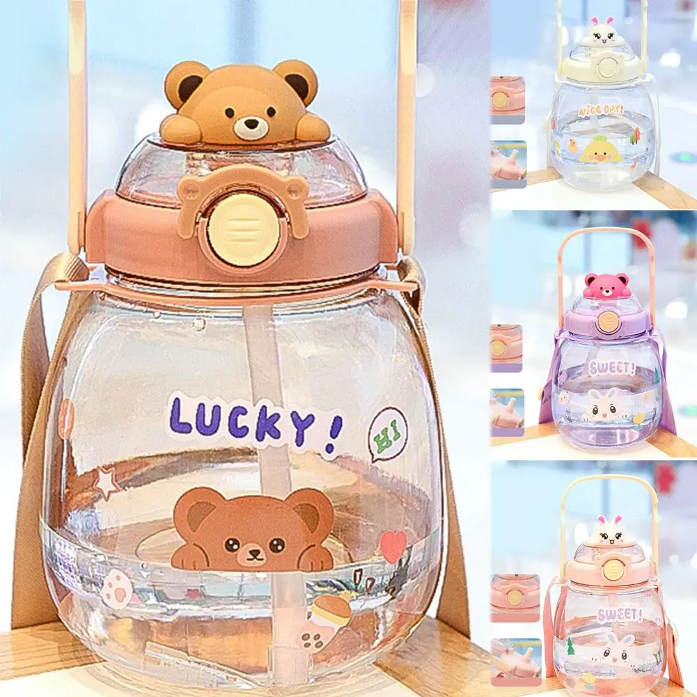 1100ml Large-capacity Children plastic Straw Cup Glass Ton mouth bottle water silicone Ton Straw Portable Kettle Z1W1