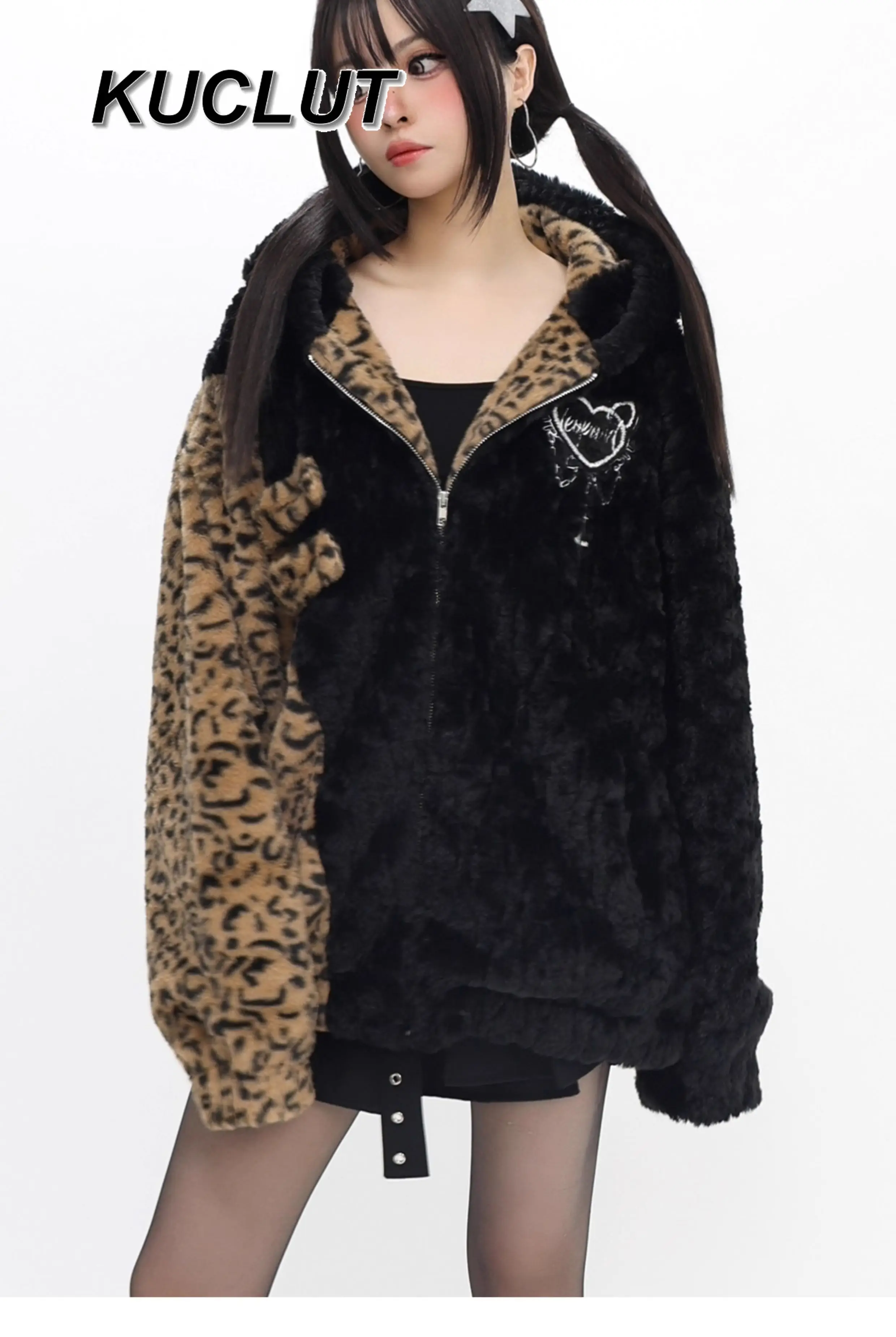 

Faux Fur Coats for Women Leopard Ear Hooded Warm Plush Coat New Winter Ladies Patchwork Cool Casual Thick Jacket Femme