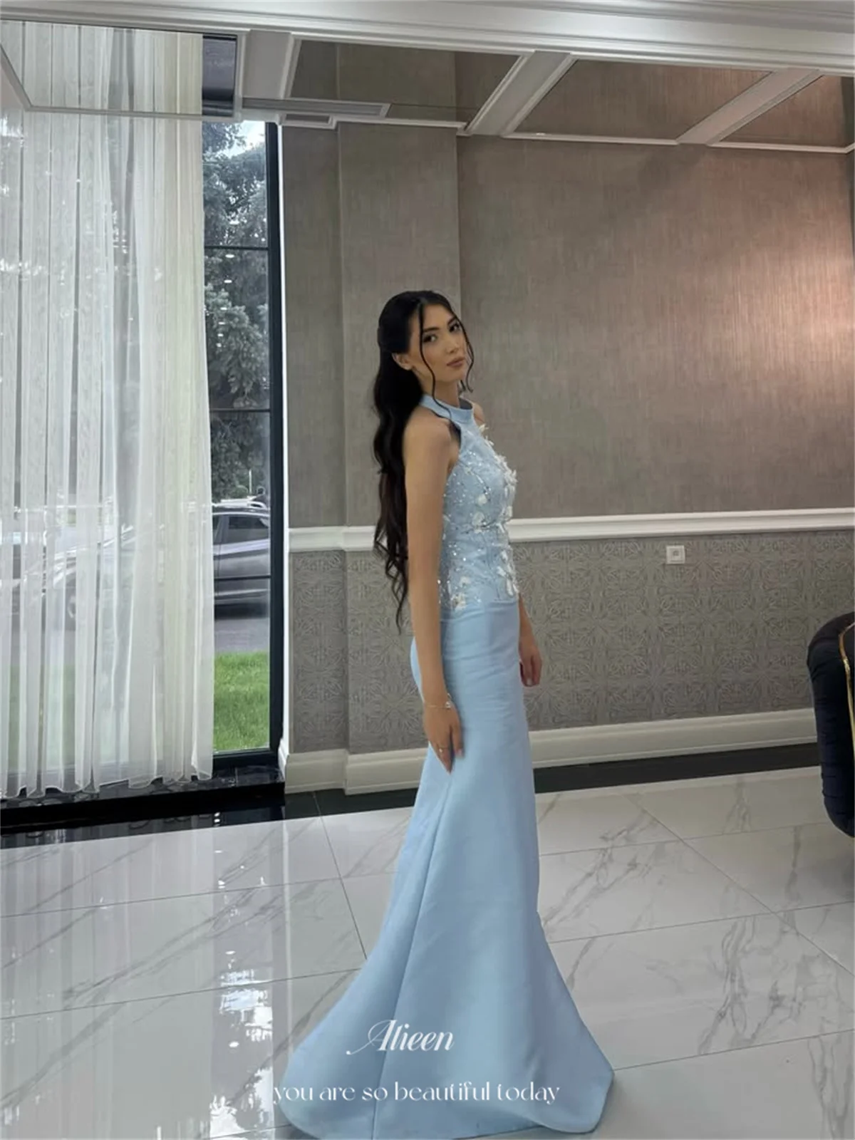 Aileen Sky Blue Evening Dresses Mermaid High Appliques Prom Dress Floor Length Formal Party Special Occasion Long Fit Customized