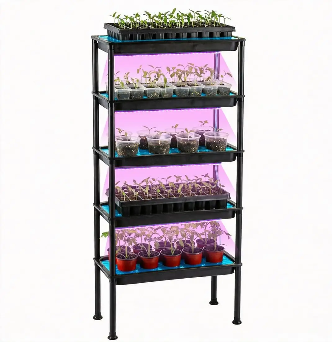 Five Tier Hydroponics Growing System Plant Stand Grow Lights Ebb Flow Watering Siphon Function Nursery Trays Pots Home Seed Cult