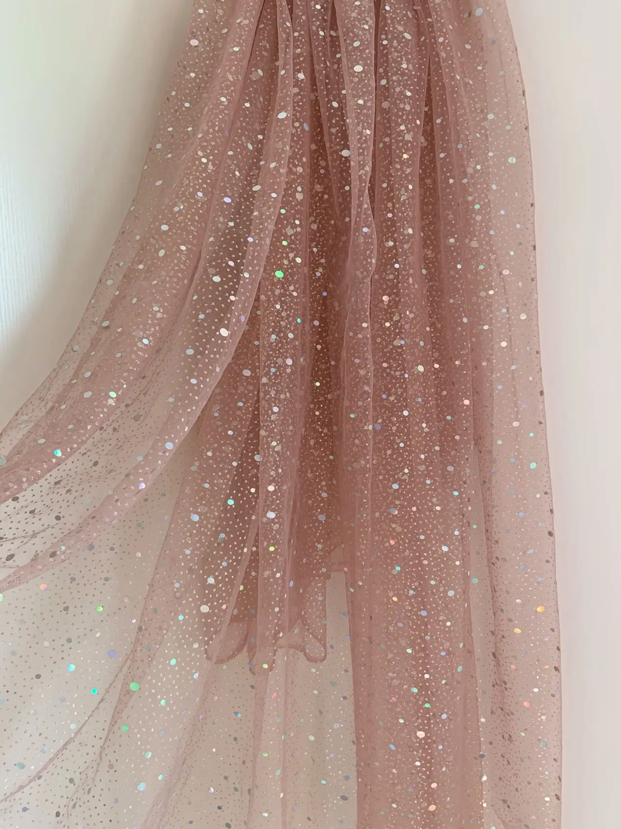 1 Yard Mauve Pink Sequined Tulle Lace Fabric Glitter Netting Sparkle Galaxy Gauze for Wedding Dress,Girl's Skirt