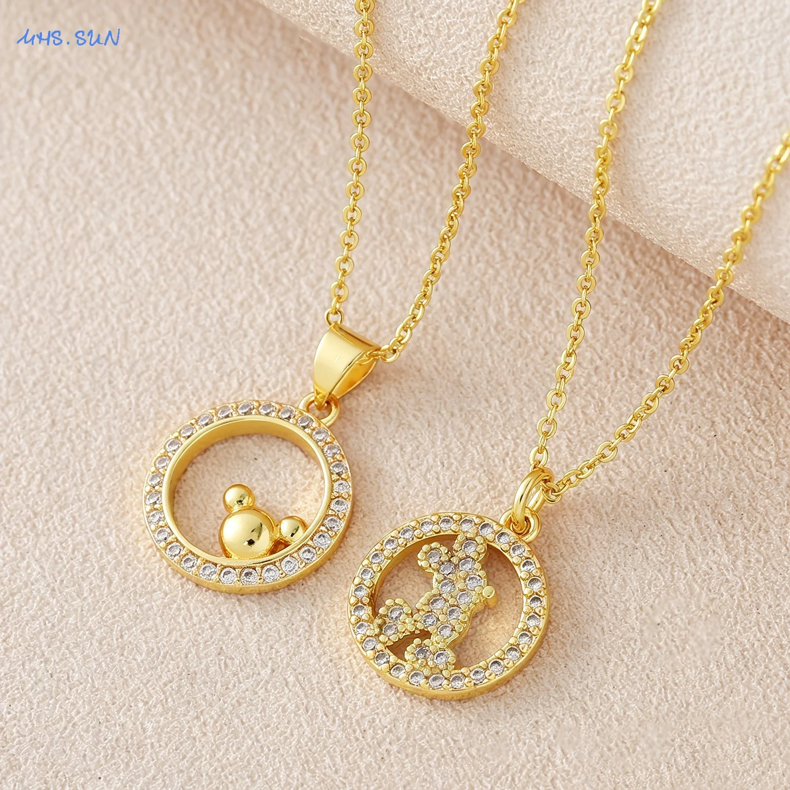 MHS.SUN Cubic Zircon Cute Cartoon Mouse Pendant Necklaces Gold Plated Round Hollow Out Charm Fashion Jewelry For Women Men