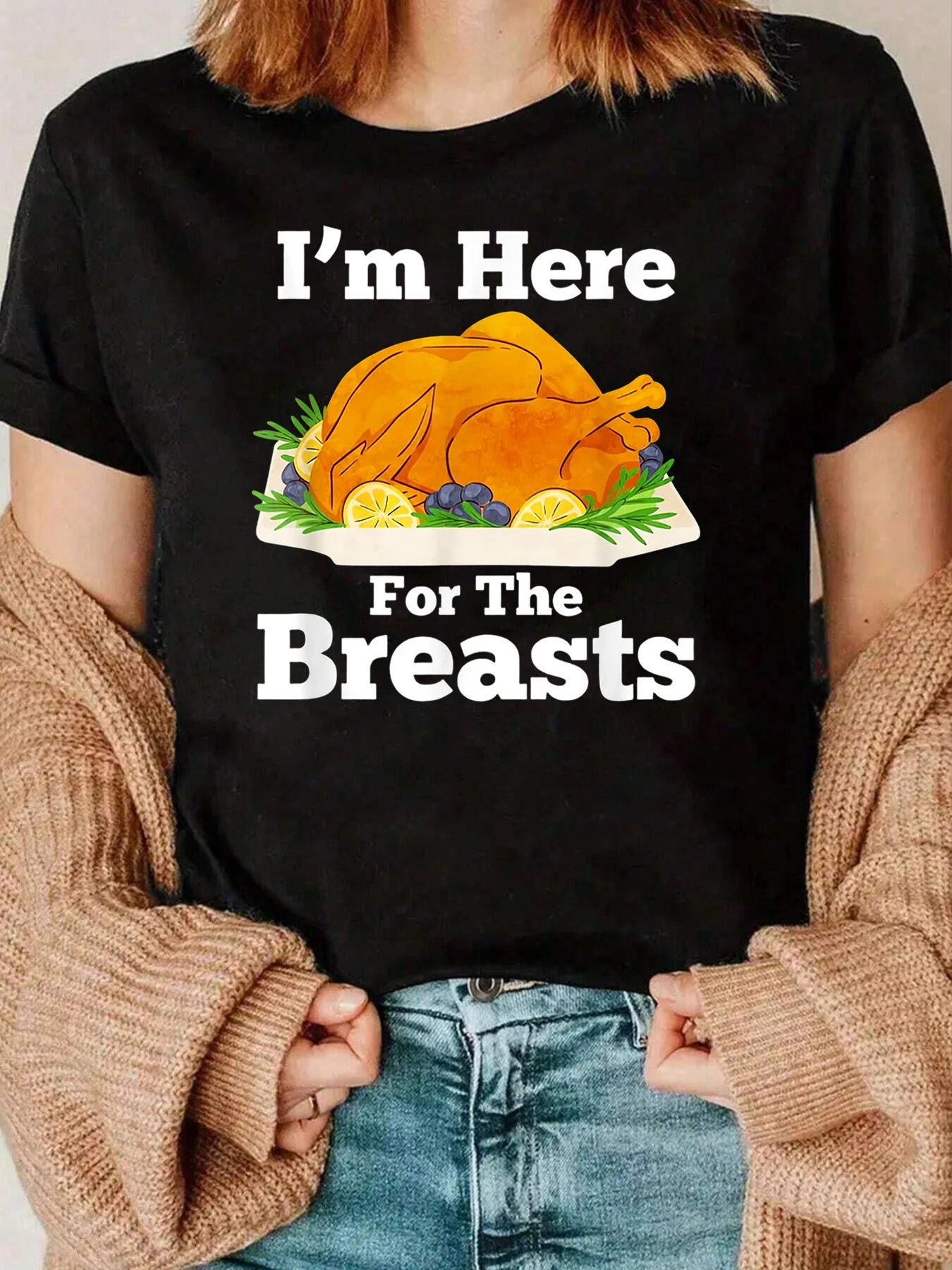 Kalkoenborstprint Thanksgiving T-shirt Vrijetijdskleding voor dames 220g