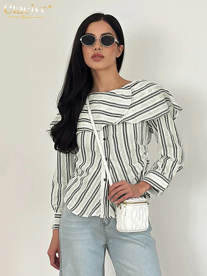 

Clacive Fashion Loose Stripe Women's Shirt 2025 Casual O-Neck Long Sleeve Shirts Elegant Classic Tops Female Clothing