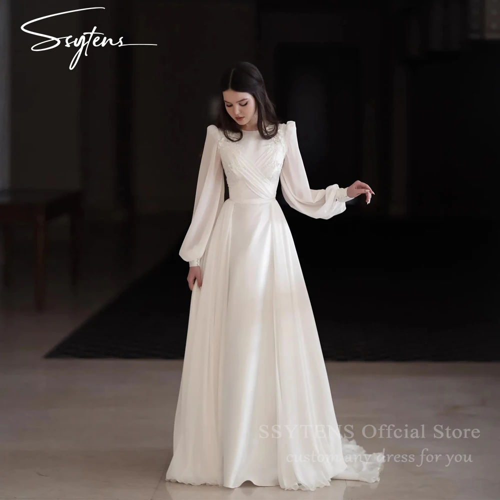 

SSYTENS Elegant Ivory Wedding Dresses Long Sleeves Civil Bride Gown Floor Length Customized Applique Bridal Dress robe de mariée