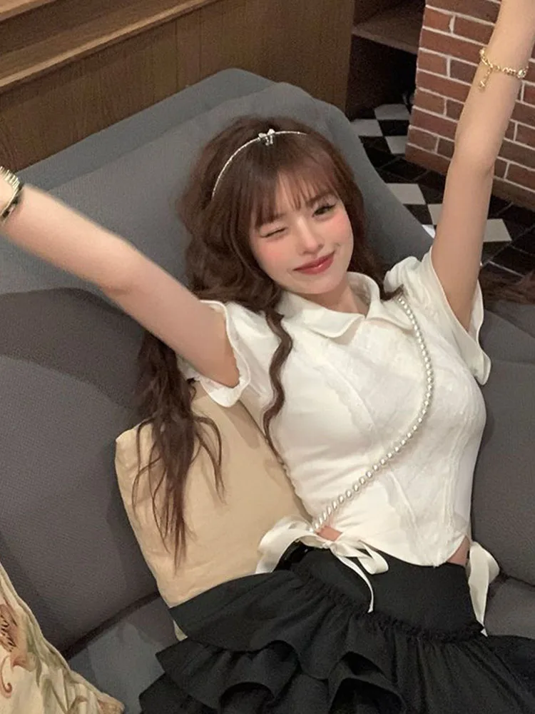 

Французская винтажная лоскутная рубашка, женская летняя модная повседневная милая рубашка с воротником Питера Пэна и коротким рукавом, тонкие универсальные стильные школьные топы