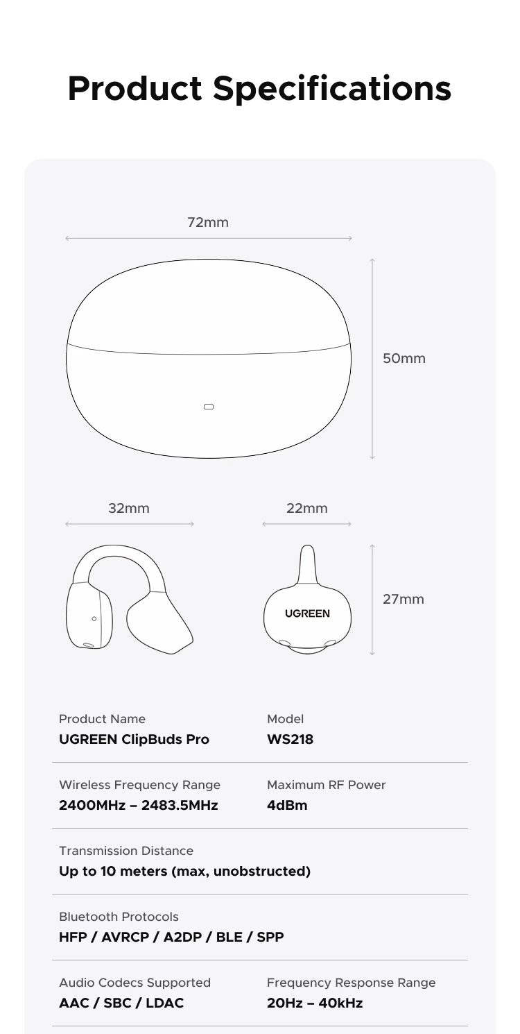 UGREEN ClipBuds Open Ear Wireless Headphones Bluetooth Earphones ANC Dual-feedback Active Noise Cancellation, 32 Hours Playtime