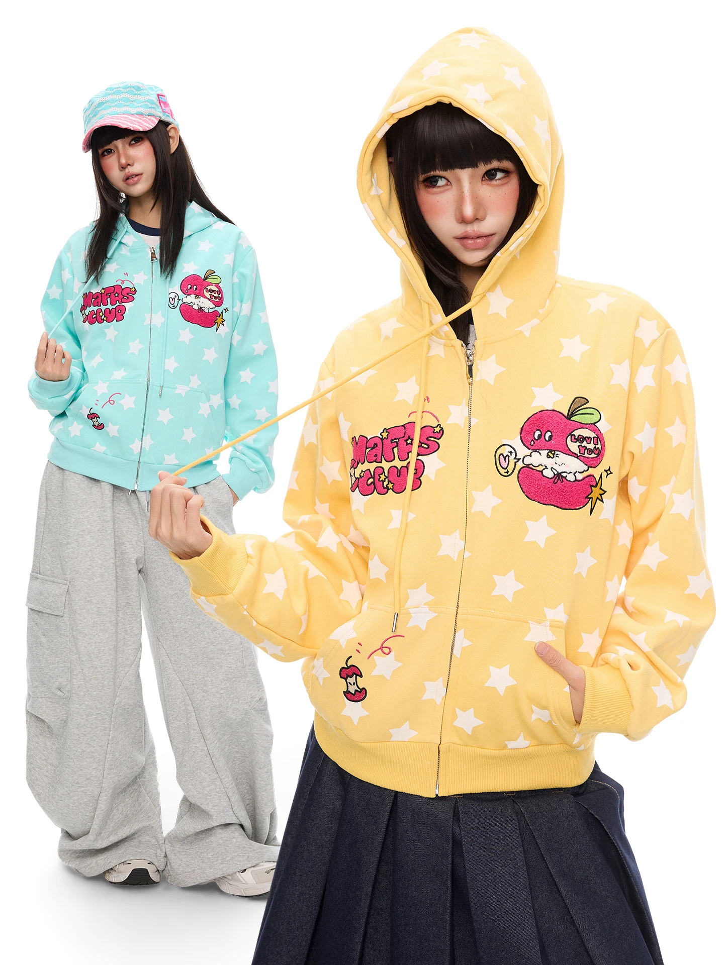 K787 Cartoon  Hoodie Zipper Jacket Unisex Macaron Colors Star Print Loose Fit Long Sleeve Short Length Casual Sweatshirt