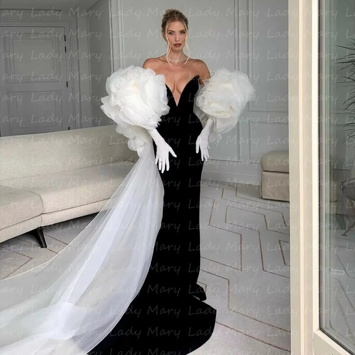 Designer personalizado vestidos de noite destacável cabo preto sereia trem babados 2025 formal vestidos de festa de casamento met gala