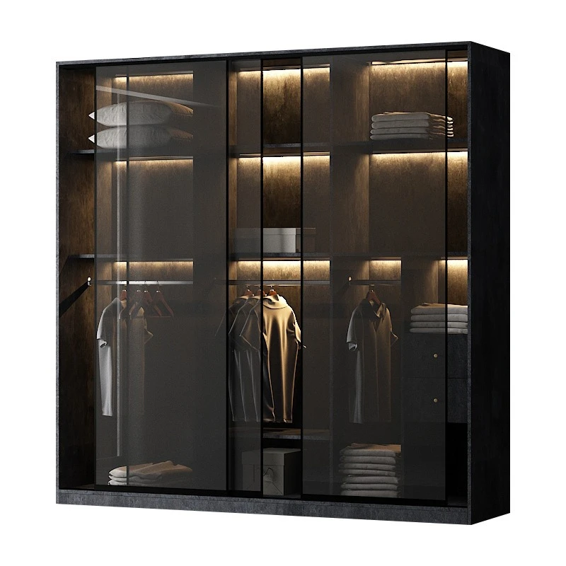 

Light luxury glass door wardrobe, bedroom sliding door wardrobe, household solid wood cloakroom