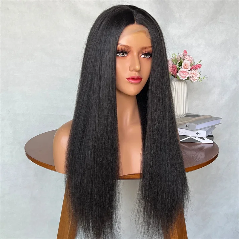 

Long 30Inch Natural Black Kinky Straight Lace Front Wig Mached All Skins With Baby Hair Synthetic Preplucked Glueless Daily Wig