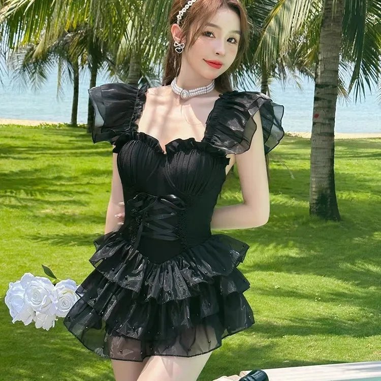 2024 Korean Style High Quality Lace Beach Swimwear Dress Women Elegant Ruffle Sleeves One Piece Beach Wear Monokini