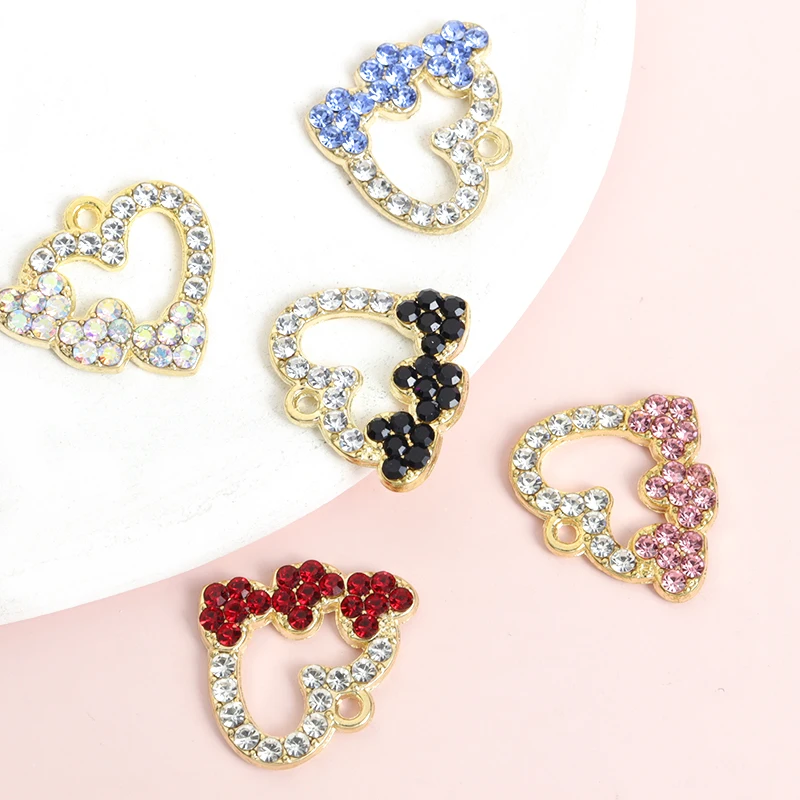 10pcs Hollow Heart Shape Charms with Colorful Rhinestones Simple and Shiny Couple Jewelry Valentine's Day Gifts DIY Accessories