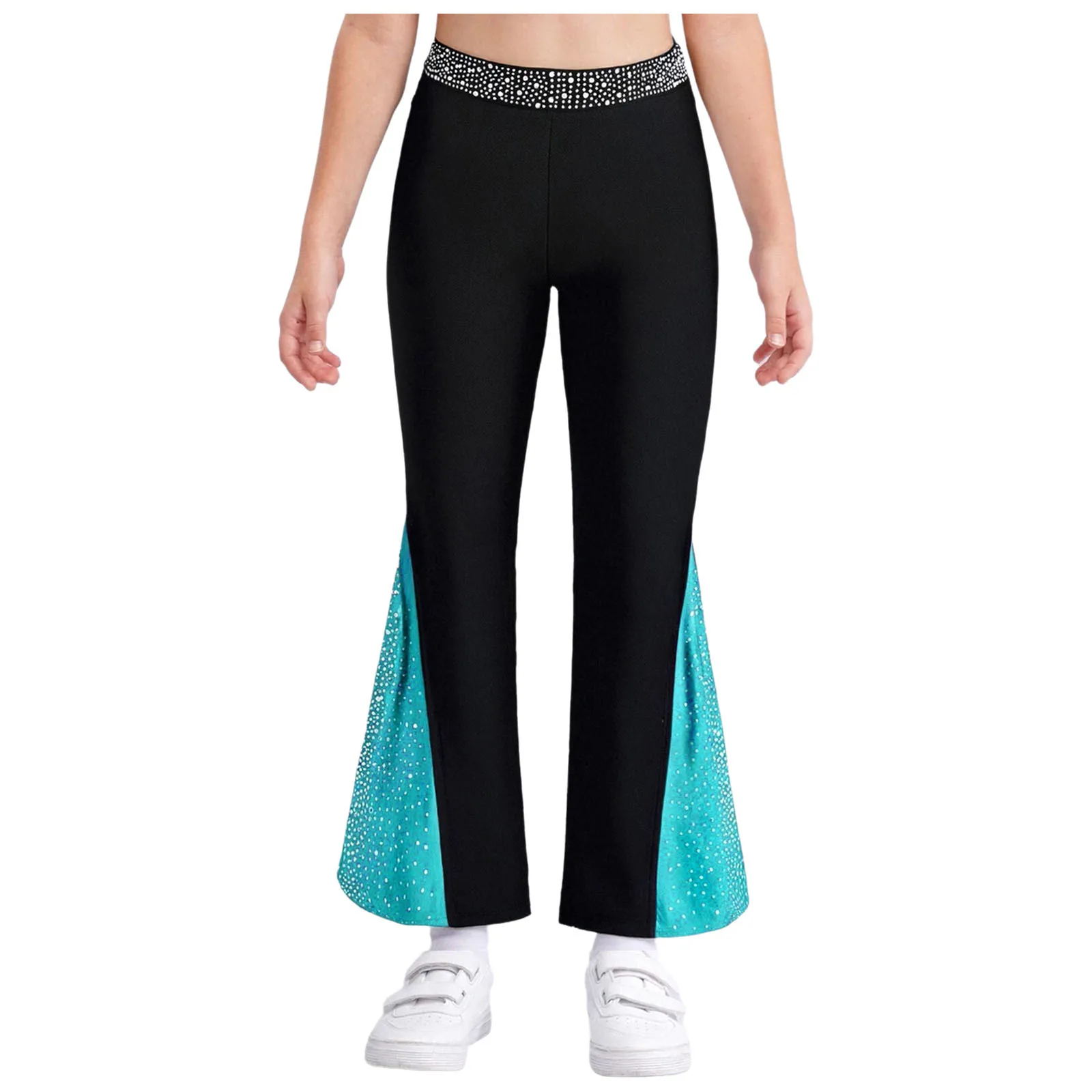 

Girls Lyrical Gymnastics Dance Costume Figure Skating Dancewear Long Sleeve Keyhole Back Rhinestones Crop Top with Bell Pants