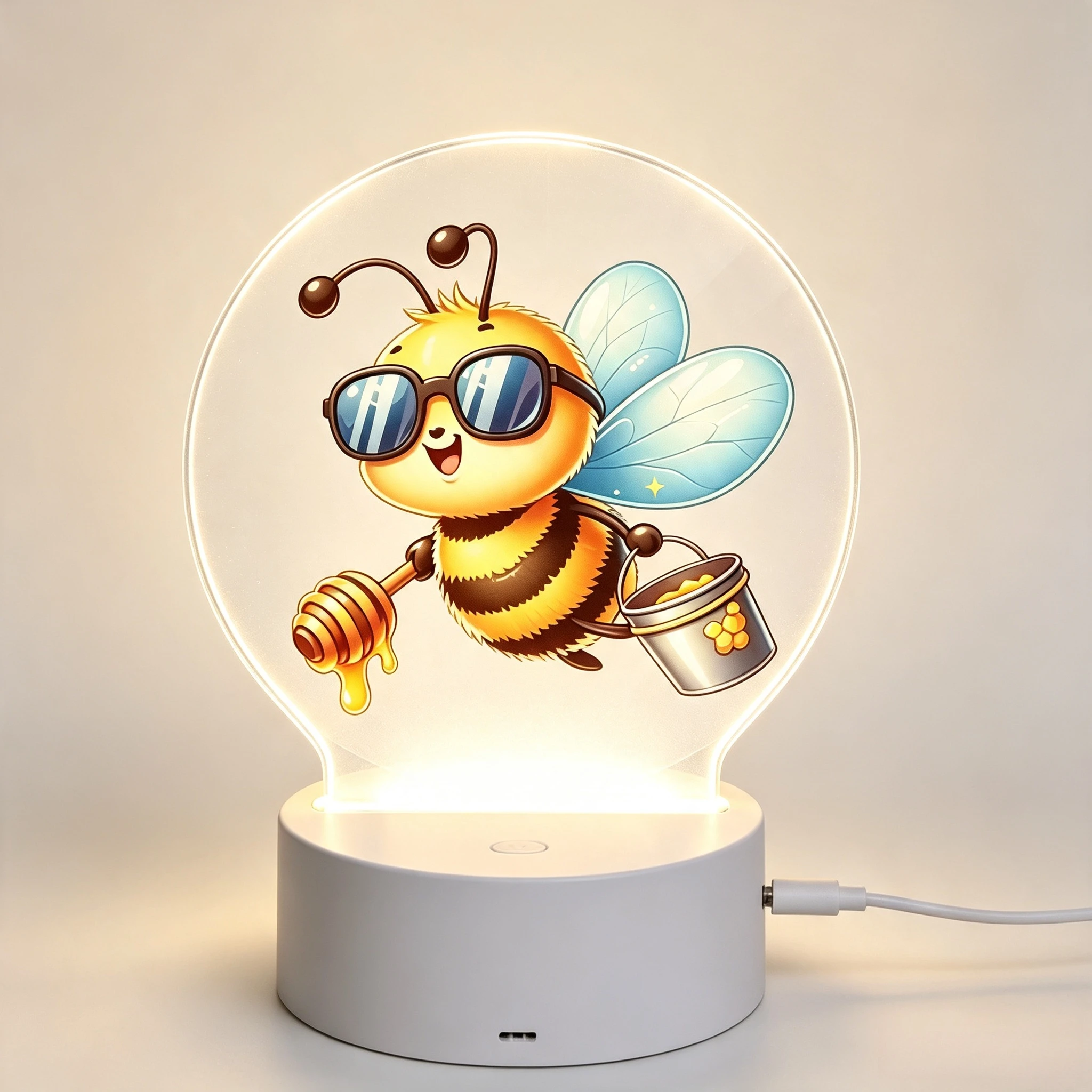 Bee Honey Dipper Pattern Acrylic Illusion Lamp Children Room Decorative Nightlight，Cool Sunglasses Bee Honey Bucket Acrylic