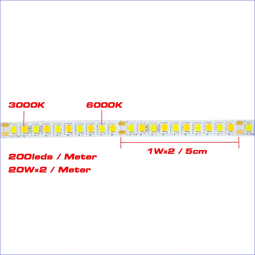 2/3/4meters 2835 200D Dual Colors Conatant Current LED strip for repairing chandeliers, 3000K+6500K LED ribbon 20WX2/meter